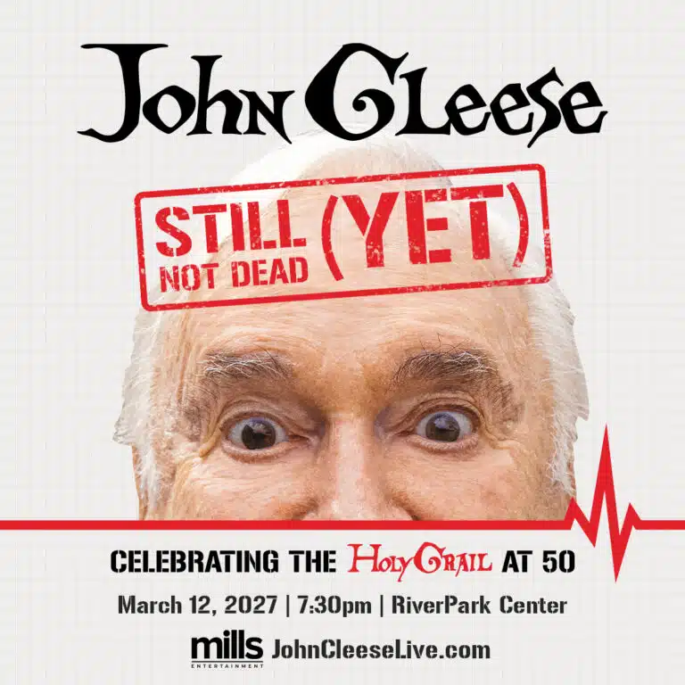 cropped photo of top of John Cleese's face with text of tour name, date, and time