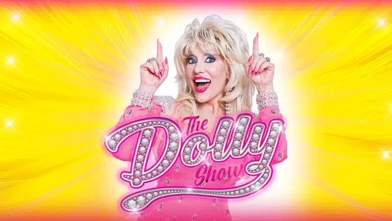 dolly parton tribute artists dressed in pink dress on a yellow background with words that read The Dolly Show