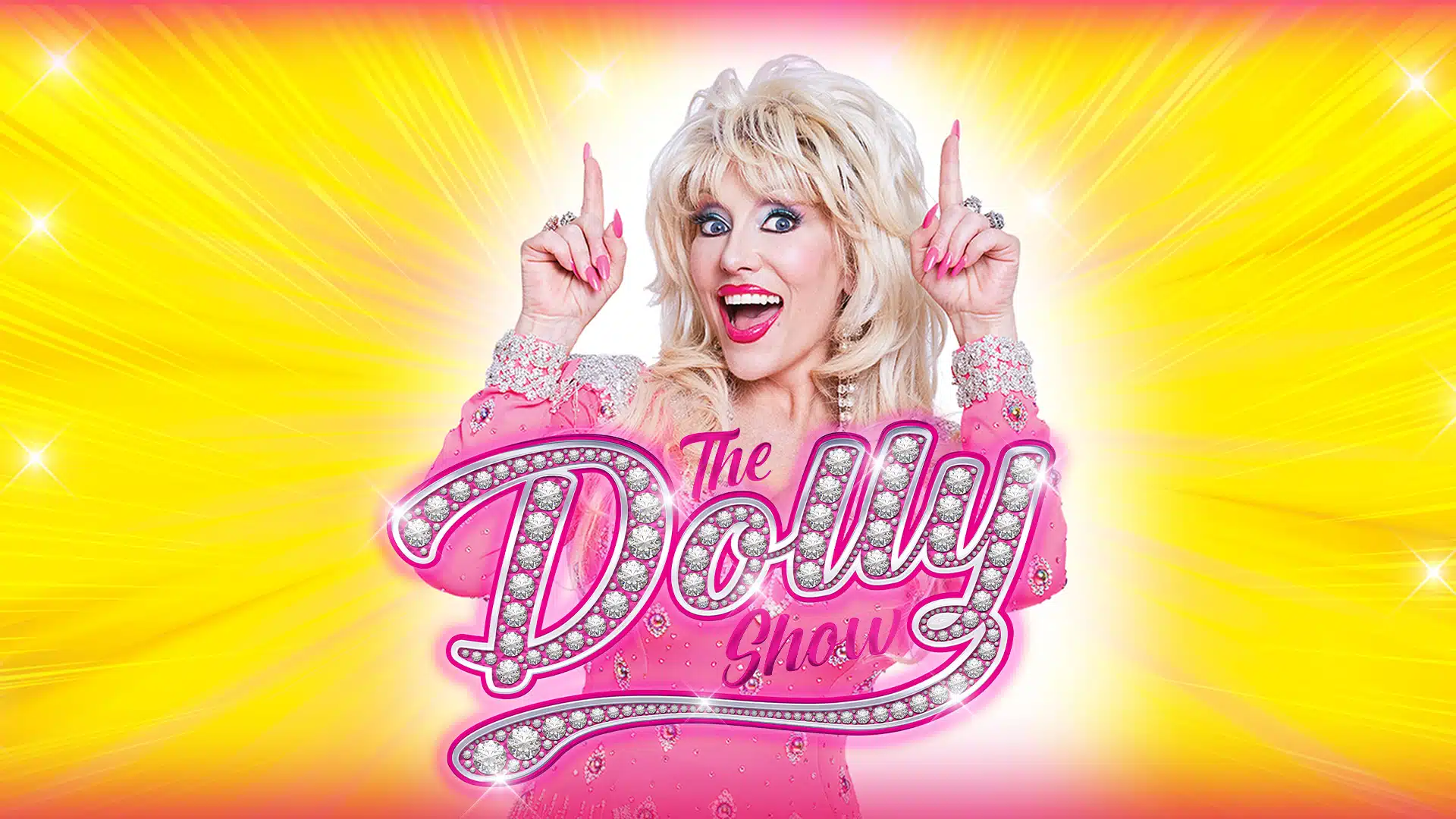 dolly parton tribute artists dressed in pink dress on a yellow background with words that read The Dolly Show