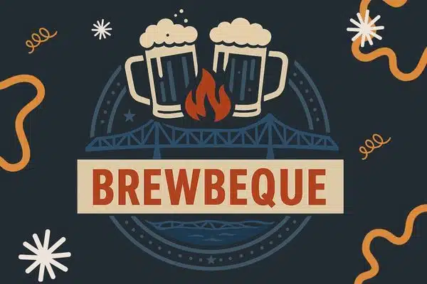 dark blue background with drawing of two beer mugs and text that reads Brewbeque