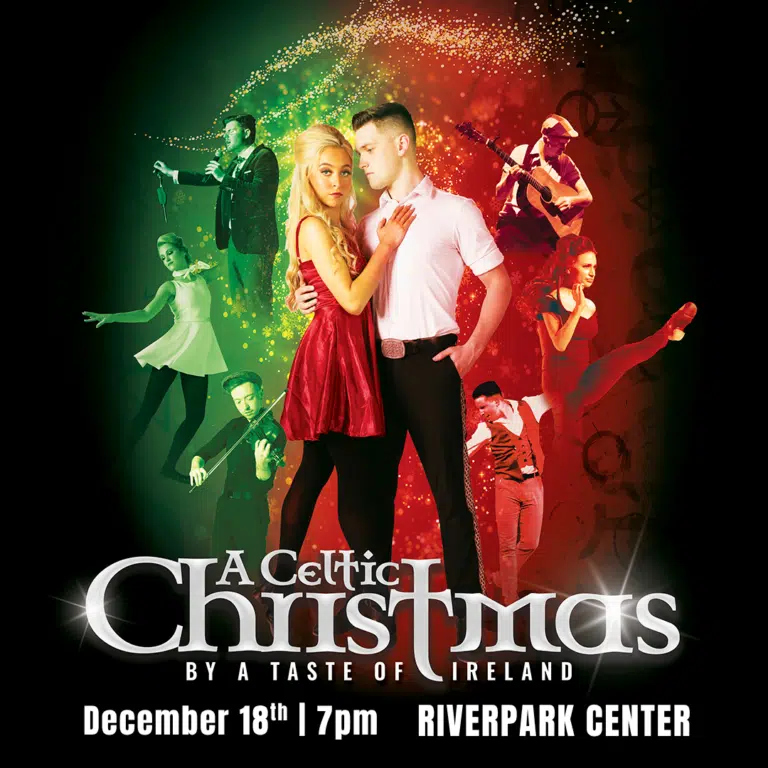 picture of Irish dancers with christmas themed background