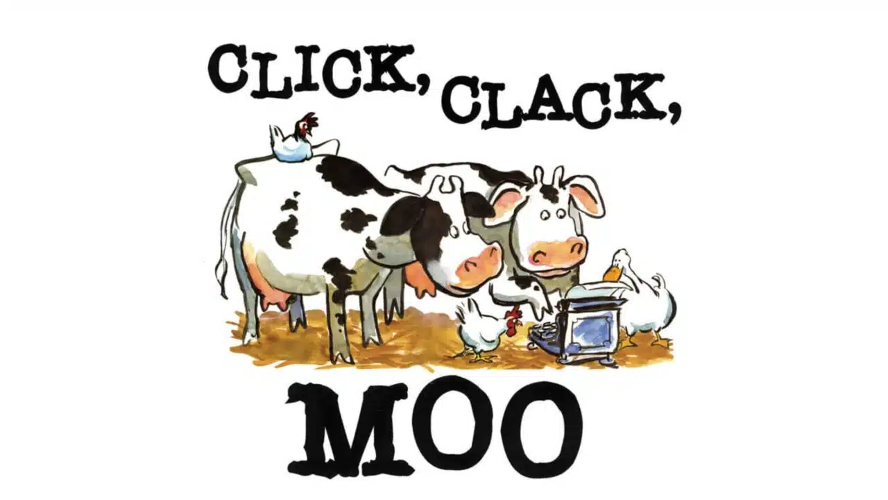 two cows with text of show title click, clack, moo