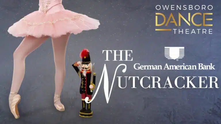 ballerina with logos for Owensboro Dance Theatre and German American Bank promoting the performance of the Nutcracker