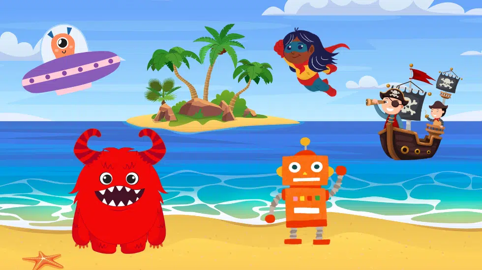 cartoon depictions of robot, UFO, pirate ship, and monster