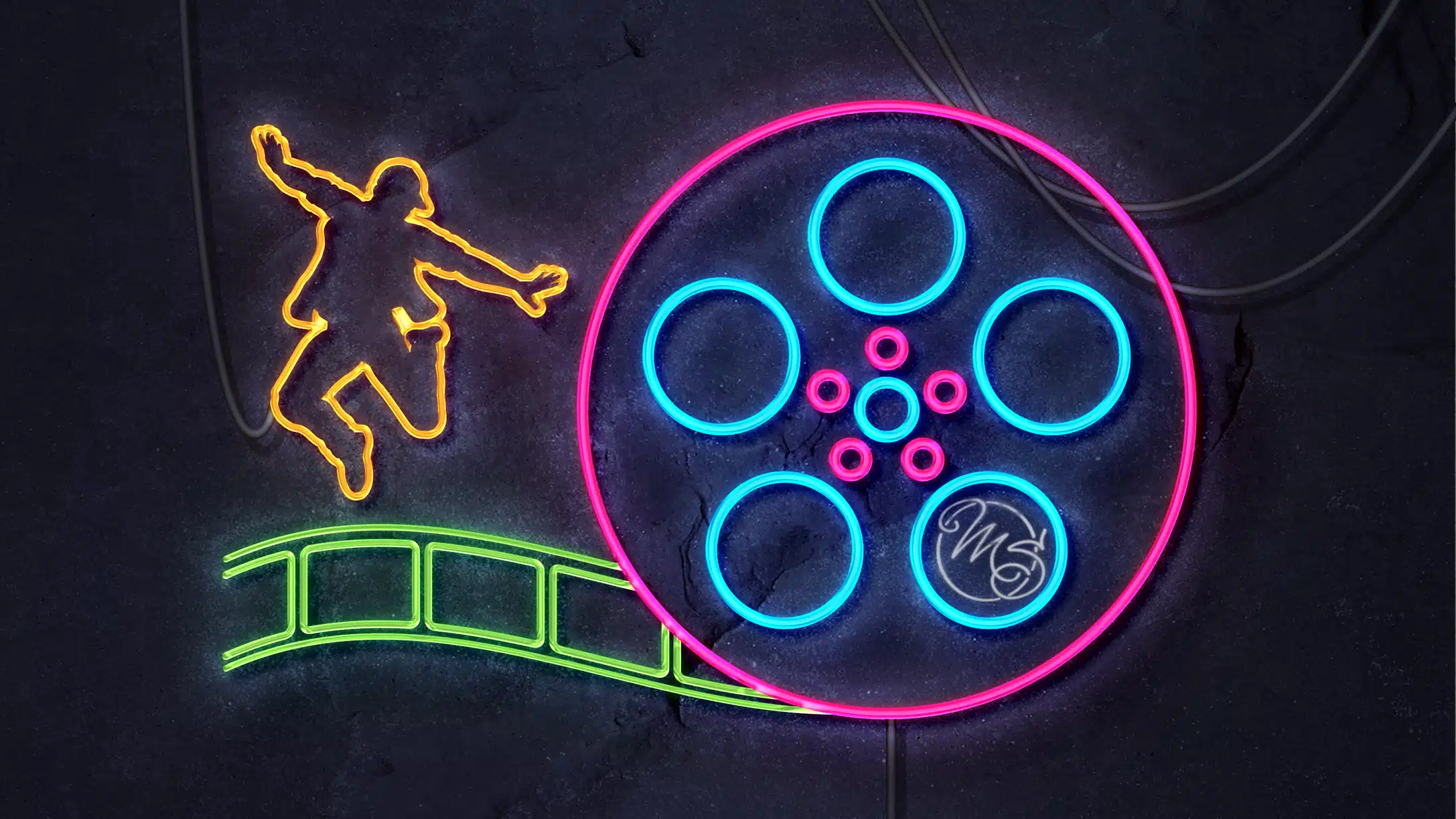 black background with neon colors and symbols for dancers