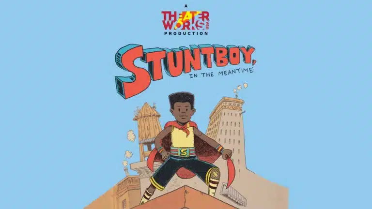 cartoon depiction of young super hero stunt boy with logo for Theatre Works