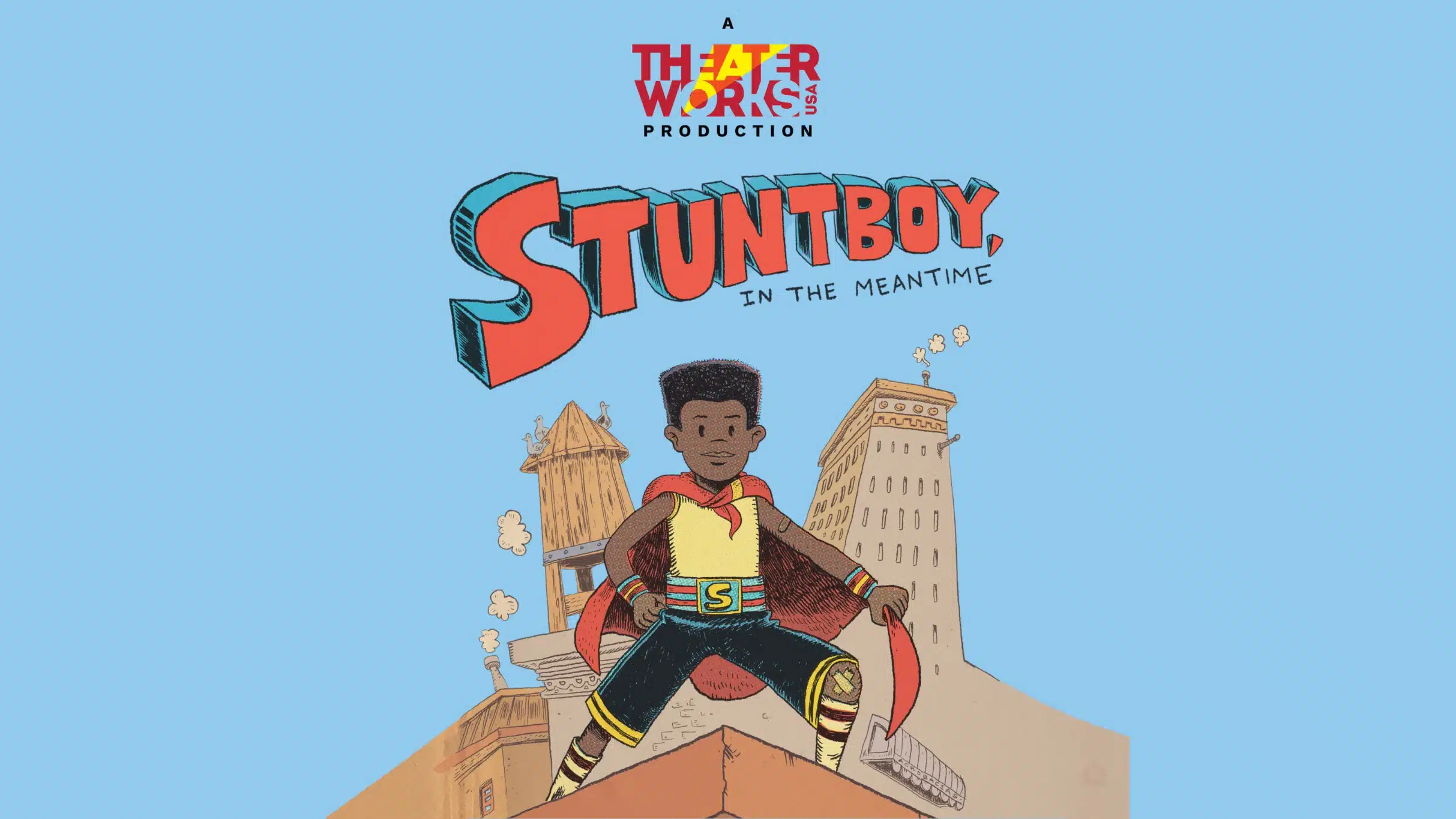 cartoon depiction of young super hero stunt boy with logo for Theatre Works
