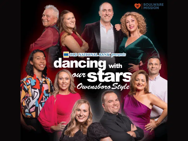 group shot of contest participants along with logos for Boulware Mission and Old National Bank and text Dancing with Our Stars Owensboro Style