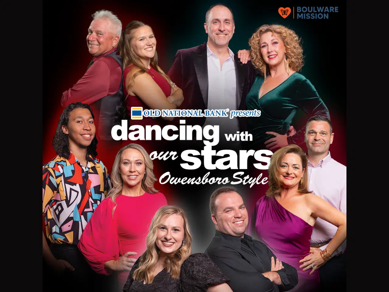 group shot of contest participants along with logos for Boulware Mission and Old National Bank and text Dancing with Our Stars Owensboro Style