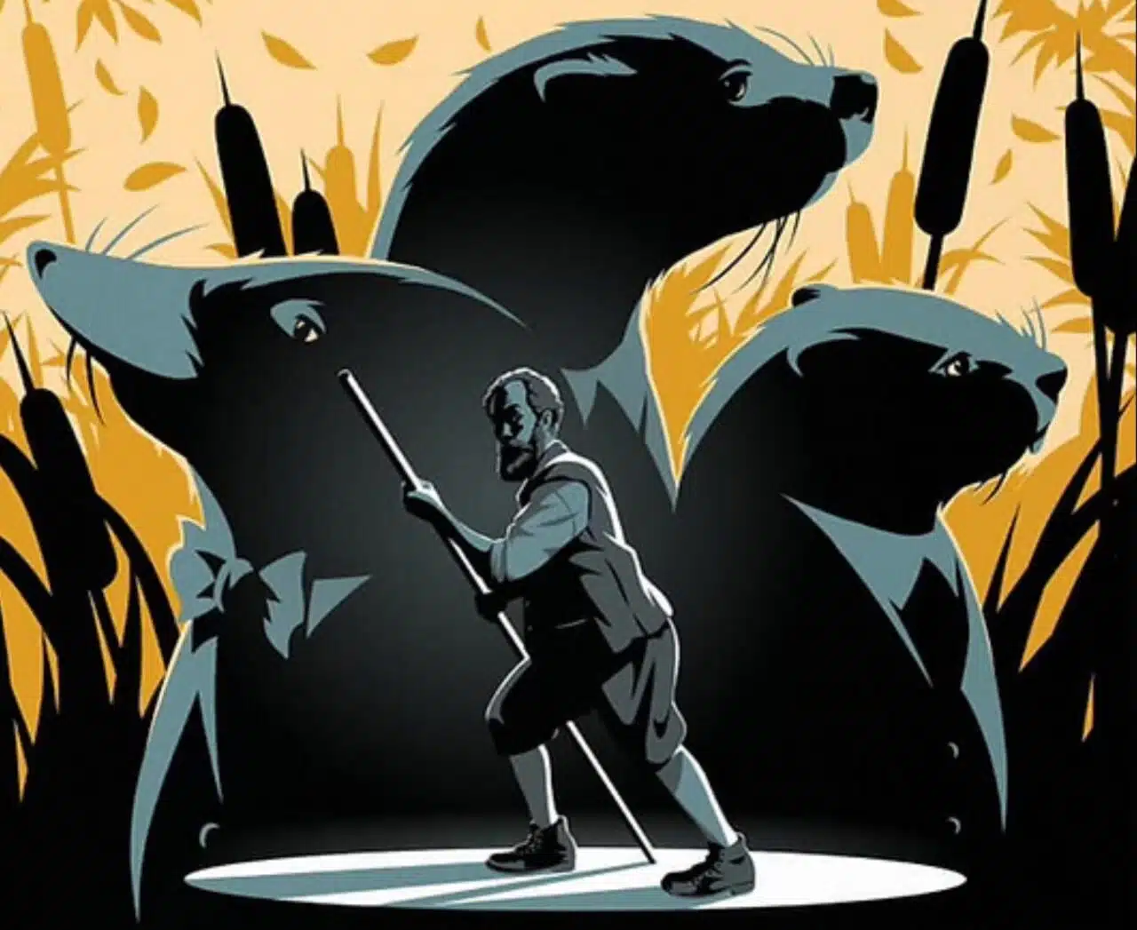 Silhouette of three animals and a man