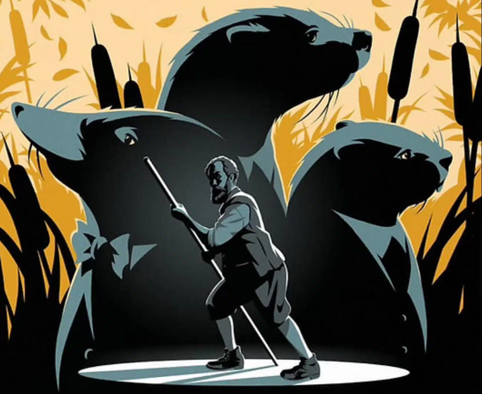 Silhouette of three animals and a man