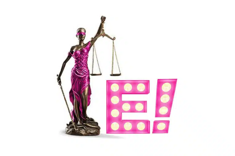 justice scales wearing pink along with E logo for Encore Musicals