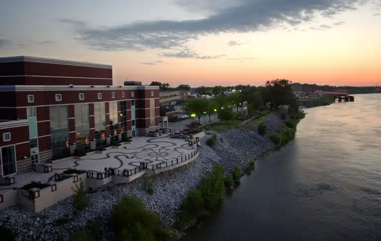 RiverPark Center Plaza at sunset, view from the bridge
