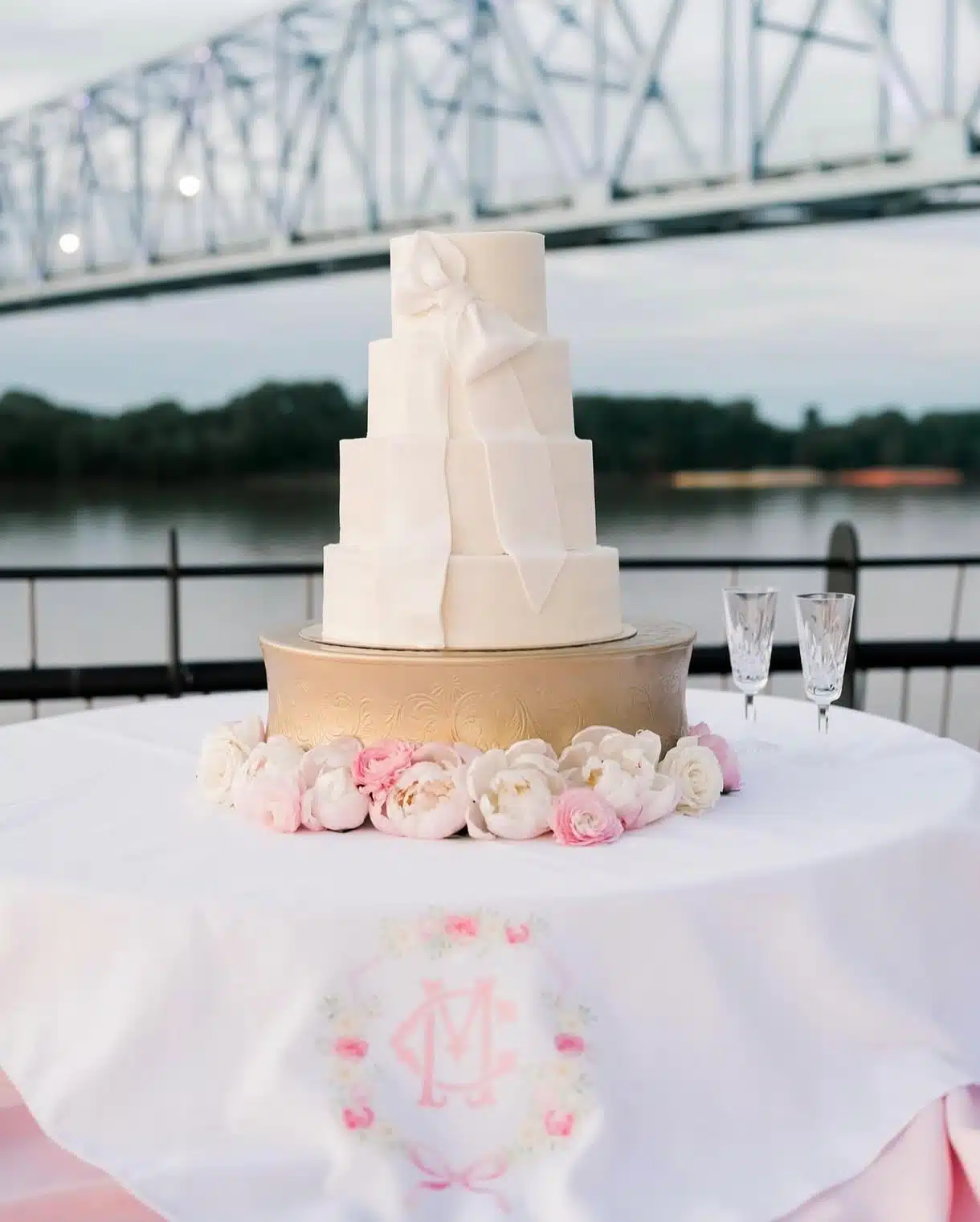 A stunning tiered cake for a wedding reception on the RiverPark Center Plaza.