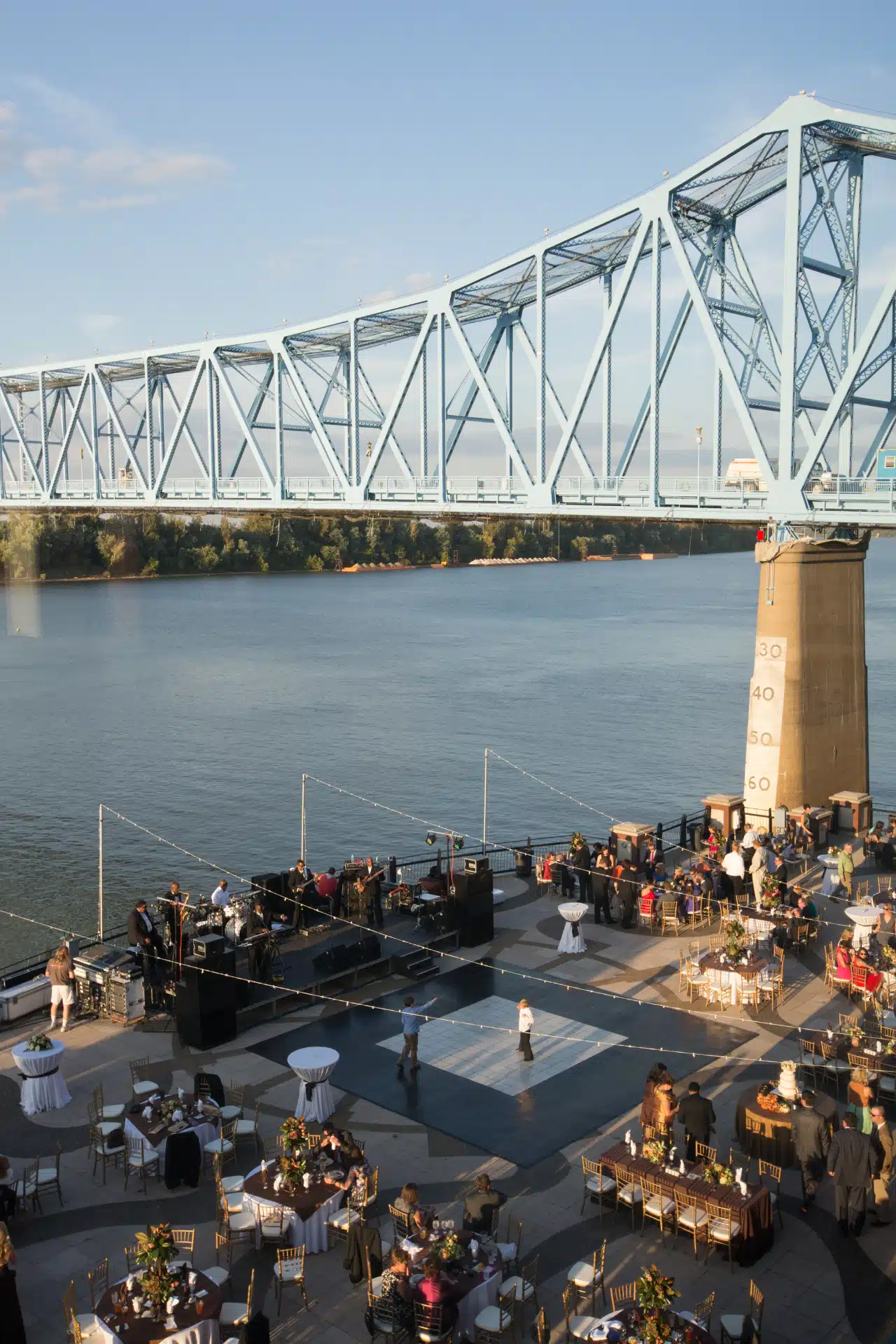 An overview of a wedding reception on the RiverPark Center patio